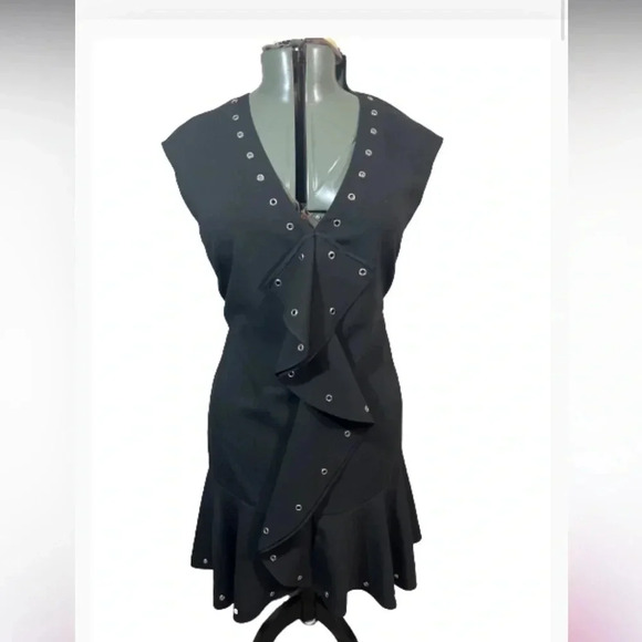 ALICE LAVISH MIDI BLACK DRESS RUFFLE SLEEVELESS METAL HARDWARE SIZE 12 LARGE - Picture 3 of 13